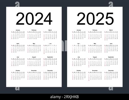 Einfache editierbare Vektorkalender für das Jahr 2024, 2025. Die Woche beginnt am Sonntag. Vertikal. Isolierte Vektorillustration auf weißem Hintergrund. Stock Vektor