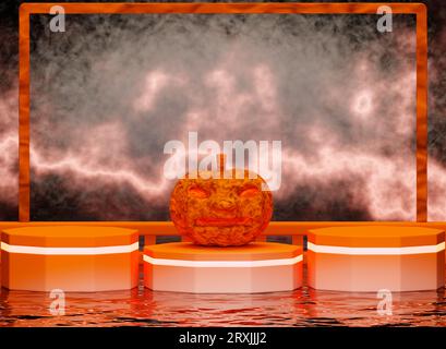 Ausstellungsstand für Halloween Festival 3D Und ein Konzept-Halloween-Festival. 3D-Rendering. Minimale Halloween-Szene mit 3D-Hintergrundanzeige Stockfoto