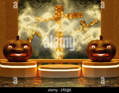 Ausstellungsstand für Halloween Festival 3D Und ein Konzept-Halloween-Festival. 3D-Rendering. Minimale Halloween-Szene mit 3D-Hintergrundanzeige Stockfoto