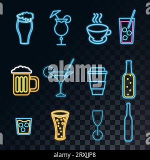 Eine Reihe leuchtender Neon-Symbole für eine Bar mit Cocktails, Bier, Gläsern, Kaffee, Tee, Tassen, Whiskyflaschen auf einer durchscheinenden Dunkelheit in einem quadratischen Bla Stock Vektor