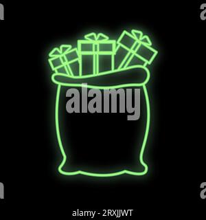 Weihnachten präsentiert Neon-Zeichen. Beutel, Sack, Boxen, Wickel, Mistel. Vektor-Illustration im Neon-Stil für Themen wie Weihnachten, Neujahr, Geschenke. Stock Vektor