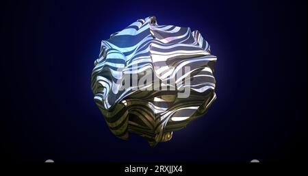 Morphing einer Metallkugel, eine Kugel aus geschmolzener Flüssigkeit schillernd glänzend schön glühend auf einem dunkelblauen Hintergrund. Abstrakter Hintergrund. Stockfoto
