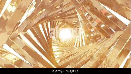 Ein sich drehender goldener Metalltunnel mit Wänden aus Rippen und Linien in Form eines Quadrats mit Reflexionen von leuchtenden Sonnenstrahlen. Abstrakter Hintergrund. Stockfoto