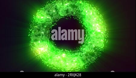 Futuristische abstrakte explodierende Ringe strahlen magische Energie auf schwarzem Hintergrund. Abstrakter Hintergrund. Stockfoto