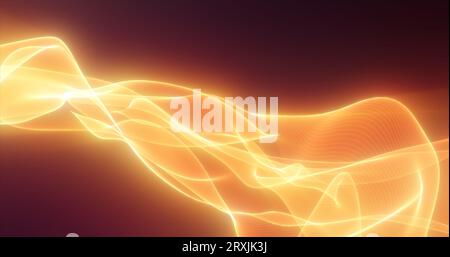 Abstraktes gelbes Orange leuchtet mit hellen Feuerenergie-Zauberwellen aus Linien auf dunklem Hintergrund. Abstrakter Hintergrund. Stockfoto