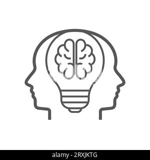 Symbol mit Glühbirne, menschliche Köpfe. Logo für kreative Idee, Geist und Denken. Bearbeitbare Kontur. EPS 10 Stock Vektor