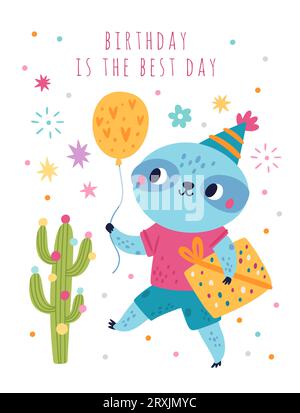 Süße Faultier-Grußkarte. Geburtstagsfeier. Zeichentrickfigur läuft mit Ballon und Geschenkbox. Säugetier mit Urlaubsgeschenk. Fröhlich tropisch Stock Vektor
