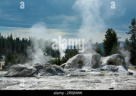 Grotto Geysir ist ein Geysir vom Typ Springbrunnen im Upper Geysir Basin, der alle acht Geysire der Gruppe repräsentiert Stockfoto