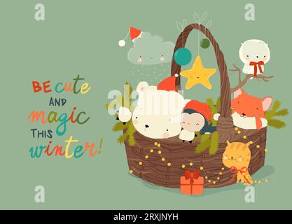 Niedliche lustige Tiere sitzen auf dem Weihnachtskorb Stock Vektor