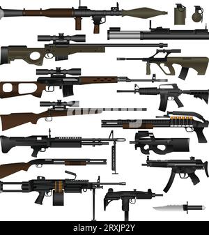 Mehrschichtige Vektorillustration verschiedener Waffen. Stock Vektor