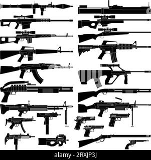 Mehrschichtige Vektorillustration verschiedener Waffen. Stock Vektor