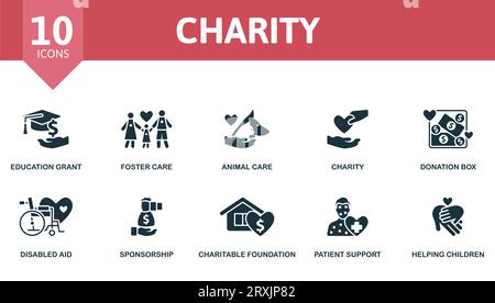 Wohltätigkeitsorganisation. Kreative Ikonen: Bildungsstipendium, Pflege, Tierpflege, Wohltätigkeitsorganisation, Spendenbox, Behindertenhilfe, Sponsoring, Wohltätigkeitsstiftung Stock Vektor