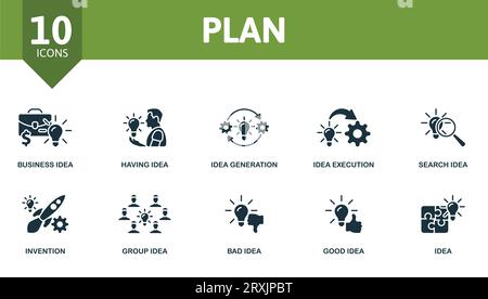Plansatz. Kreative Symbole: Geschäftsidee, Ideen haben, Ideengenerierung, Ideenausführung, Idee suchen, Erfindung, Gruppenidee, schlechte Idee, gute Idee, Idee. Stock Vektor