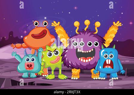 Eine Gruppe entzückender außerirdischer Monster in verschiedenen Farben vor einem Weltraumhintergrund Stock Vektor