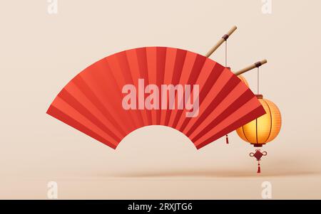 Antiker chinesischer Fan-Hintergrund, 3D-Rendering. Digitale Zeichnung. Stockfoto