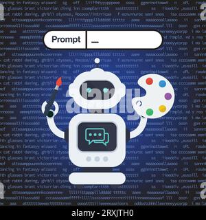 Der Roboter hält Pinsel und Palette mit Hinweiscode im Hintergrund. Robotik mit intelligenten Algorithmen und Erkennungsprogrammen für die Erstellung Stock Vektor
