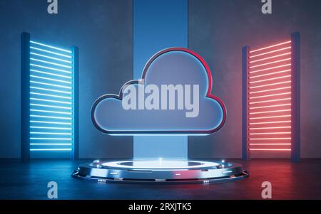 Cloud Computing mit leuchtenden Neonlichtern, 3D-Rendering. Digitale Zeichnung. Stockfoto