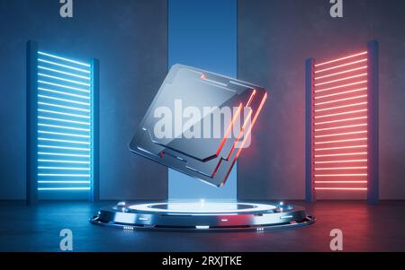 Chip mit leuchtenden Neonlichtern, 3D-Rendering. Digitale Zeichnung. Stockfoto