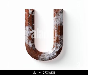 Buchstaben aus rostigem Metall. 3D-Illustration des Rosteisenalphabets isoliert auf weißem Hintergrund Stockfoto