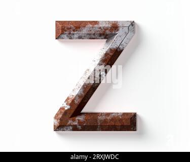 Buchstaben aus rostigem Metall. 3D-Illustration des Rosteisenalphabets isoliert auf weißem Hintergrund Stockfoto