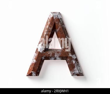 Buchstaben aus rostigem Metall. 3D-Illustration des Rosteisenalphabets isoliert auf weißem Hintergrund Stockfoto