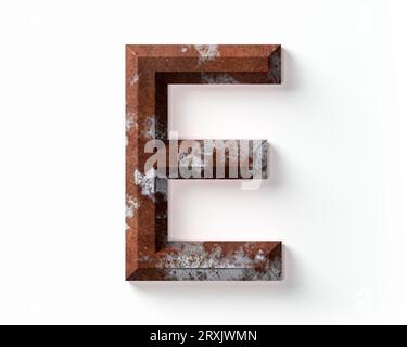 Buchstaben aus rostigem Metall. 3D-Illustration des Rosteisenalphabets isoliert auf weißem Hintergrund Stockfoto