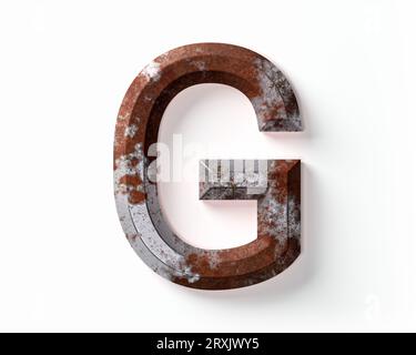 Buchstaben aus rostigem Metall. 3D-Illustration des Rosteisenalphabets isoliert auf weißem Hintergrund Stockfoto