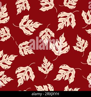 Leuchtend nahtloses rotes Muster mit beigen Blättern. Stock Vektor