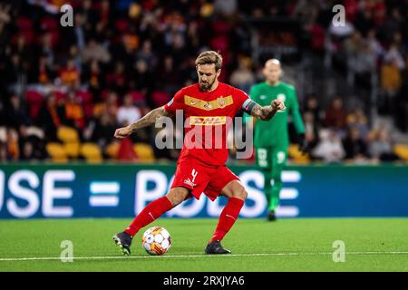 Farum, Dänemark. September 2023 25. Kian Hansen (4) vom FC Nordsjaelland beim 3F Superliga-Spiel zwischen FC Nordsjaelland und Hvidovre, WENN er rechts zum Dream Park in Farum ist. (Foto: Gonzales Photo/Alamy Live News Stockfoto
