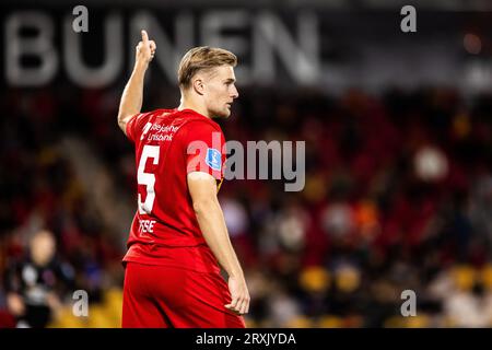 Farum, Dänemark. September 2023 25. Martin Frese (5) vom FC Nordsjaelland beim 3F-Superliga-Spiel zwischen FC Nordsjaelland und Hvidovre, WENN er rechts zum Dream Park in Farum ist. (Foto: Gonzales Photo/Alamy Live News Stockfoto