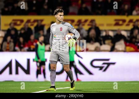 Farum, Dänemark. September 2023 25. Torhüter Filip Djukic (1) von Hvidovre, WENN er während des 3F Superliga-Spiels zwischen FC Nordsjaelland und Hvidovre gesehen WIRD, WENN er rechts zum Dream Park in Farum ist. (Foto: Gonzales Photo/Alamy Live News Stockfoto