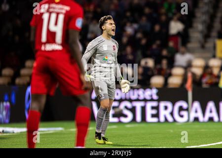 Farum, Dänemark. September 2023 25. Torhüter Filip Djukic (1) von Hvidovre, WENN er während des 3F Superliga-Spiels zwischen FC Nordsjaelland und Hvidovre gesehen WIRD, WENN er rechts zum Dream Park in Farum ist. (Foto: Gonzales Photo/Alamy Live News Stockfoto