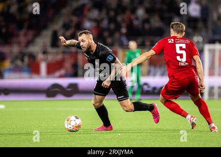 Farum, Dänemark. September 2023 25. Martin Spelmann (10) von Hvidovre, WENN er während des 3F Superliga-Spiels zwischen FC Nordsjaelland und Hvidovre gesehen WIRD, WENN er rechts zum Dream Park in Farum ist. (Foto: Gonzales Photo/Alamy Live News Stockfoto