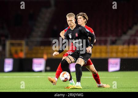 Farum, Dänemark. September 2023 25. Simon Makienok (24) von Hvidovre, WENN er während des 3F Superliga-Spiels zwischen dem FC Nordsjaelland und Hvidovre gesehen WIRD, WENN er rechts zum Dream Park in Farum ist. (Foto: Gonzales Photo/Alamy Live News Stockfoto