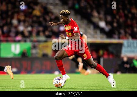 Farum, Dänemark. September 2023 25. Ibrahim Osman (14) vom FC Nordsjaelland, der während des 3F Superliga-Spiels zwischen dem FC Nordsjaelland und Hvidovre gesehen wurde, WENN er rechts zum Dream Park in Farum ist. (Foto: Gonzales Photo/Alamy Live News Stockfoto