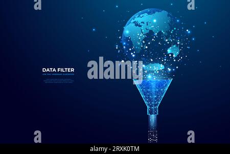 Abstrakter Trichter mit Datenfluss und Erdkugel Erde auf dunkelblauem Hintergrund Stock Vektor