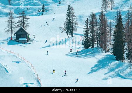 Große Gruppe von Skifahrern, die einen sonnigen Wintertag auf der Skipiste genießen, unerkennbare Menschen, die in Slowenien Ski fahren Stockfoto