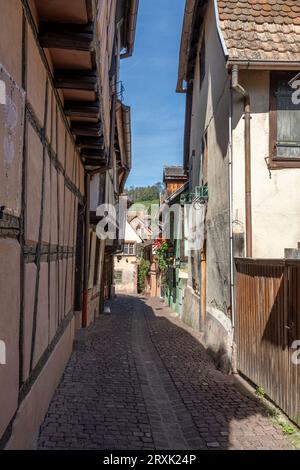 Die Weinstraße. Blick auf eine typische bunte Straße in der Innenstadt mit Weinbergen im Hintergrund Stockfoto