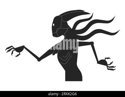 Alien furchterregendes Monster mit einer schwarz-weißen 2D-Zeichentrickfigur Stock Vektor