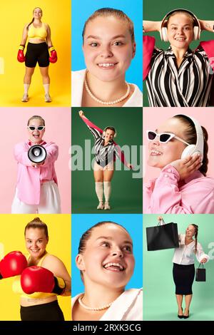 Vertikale Foto-Set-Collage von Porträts von emotionalen jungen molligen Frauen in verschiedenen Mode-Outfits, die positive Emotionen ausdrücken. Stockfoto