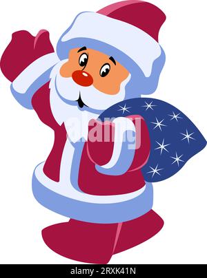 Der Weihnachtsmann geht mit einer Tüte Weihnachtsgeschenke spazieren. Zeichentrickfigur. Vektorklipart isoliert auf weiß. Stock Vektor