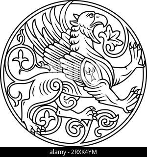 Griffin in einem Ring dargestellt. Wappensymbol, Abzeichen. Konturvektor-Clipart isoliert auf weiß. Stock Vektor