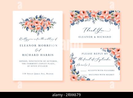 Aquarell Hochzeitsvektor Blumeneinladung, Dankeschön und rsvp-Karte Aquarelldesign-Set: Gartenblume rosa pfirsichfarben Stock Vektor