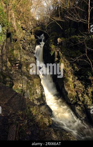 Kaskade auf der Afon Sychryd an der Seite von Craig y Ddinas. Gesamtfall von etwa 25 Fuß. Stockfoto