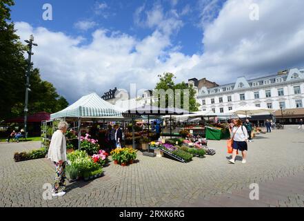 Ein Markt für frische Produkte im Gustav Adolfs torg in der historischen Altstadt von Malmö, Schweden. Stockfoto