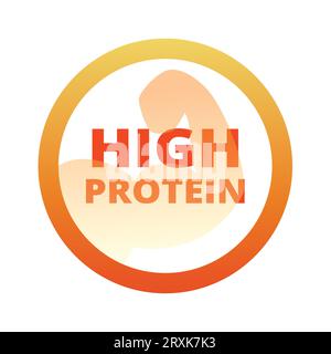 Hoher Proteinanteil mit Muskelvektoretikett. Farbenfroher Kreisstempel. Stock Vektor