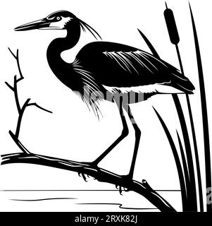 Silhouette eines Herons, der auf einem Ast steht. Schwarz-weiß-Schablonenvektorillustration. Vogel, Ast, Schilf und Wasser sind separate Objekte. Stock Vektor