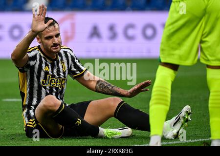 Federico Gatti vom FC Juventus zeigt während des Fußballspiels der Serie A zwischen US Sassuolo und Juventus FC im Stadion Citta del Tricolore in Reggio Emilia (Italien), 23. September 2023. Stockfoto