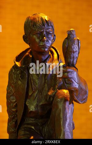 Eine Skulptur Billy Casper aus dem Film „Kes“, die in Barnsley zu Ehren des Drehbuchautors Barry Hines installiert wurde Stockfoto