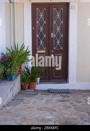 Braune Tür mit Fenstern und Blumentöpfen im alten Haus. Gemütlicher Hinterhof mit Blumentöpfen und Pflanzen. Elegante Fassadendekoration in Portugal. Stockfoto